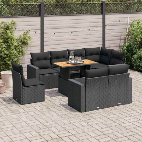 Salon de jardin 9 places en résine tressée noir avec table extensible et coussins lavables - Ensemble modulaire avec rangement intégré