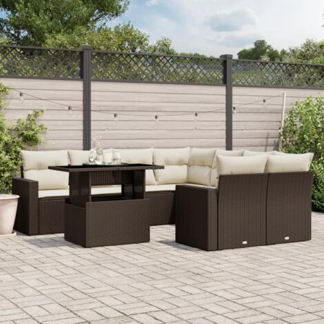 Salon de jardin 9 places marron résine tressée avec table extensible et coussins lavables