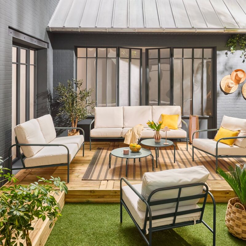 Salon de jardin LUANDA en acier. 7 places Kaki / Blanc