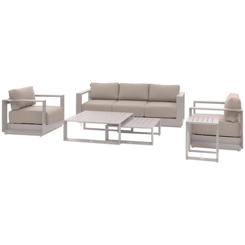 Hesperide – Salon de jardin 5 places en aluminium teinté et polyester déperlant – Canapé 3 places et 2 fauteuils – Tables gigognes ajustables