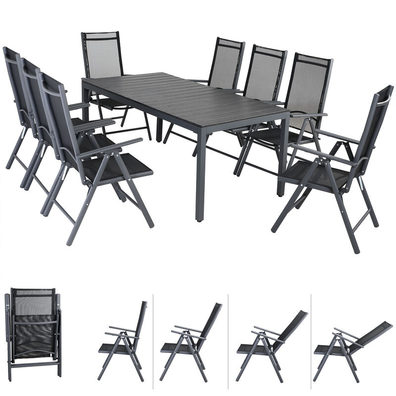 Salon de jardin aluminium anthracite Bern 1 table bois composite 8 chaises