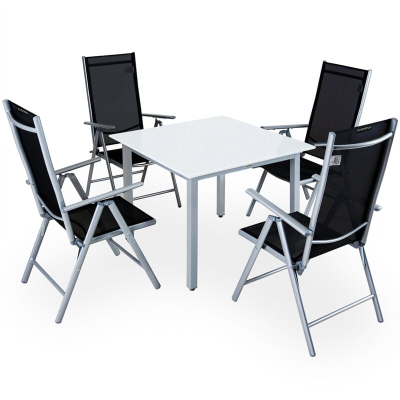 Salon de jardin aluminium »Bern« 1 table 4 chaises pliantes différentes couleurs plateau de table en verre dépoli dossier réglable 8 positions Argent