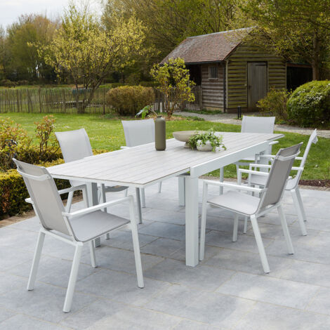 Salon de jardin aluminium blanc et textilène gris 6/10 places