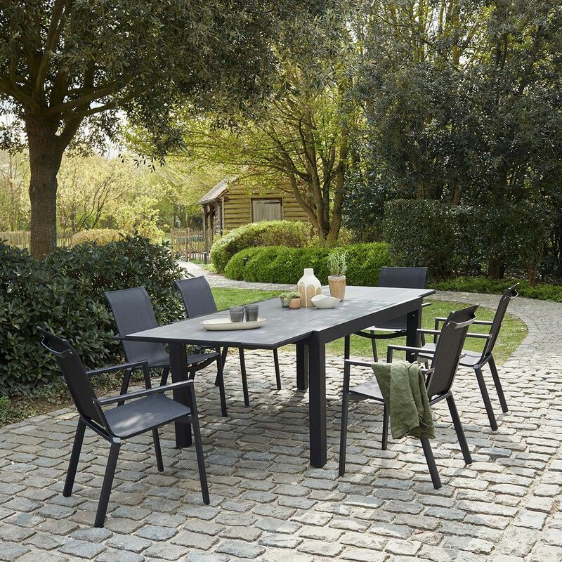 Salon de jardin extensible aluminium noir et textilène gris 6/10 places - Noir