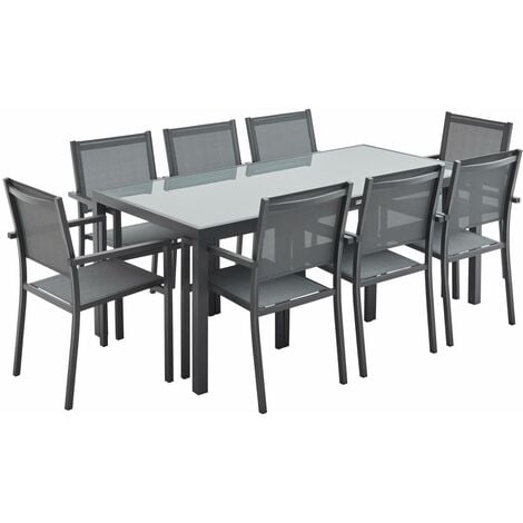 Salon de jardin aluminium table 180cm. 8 fauteuils en textilène Anthracite / Gris
