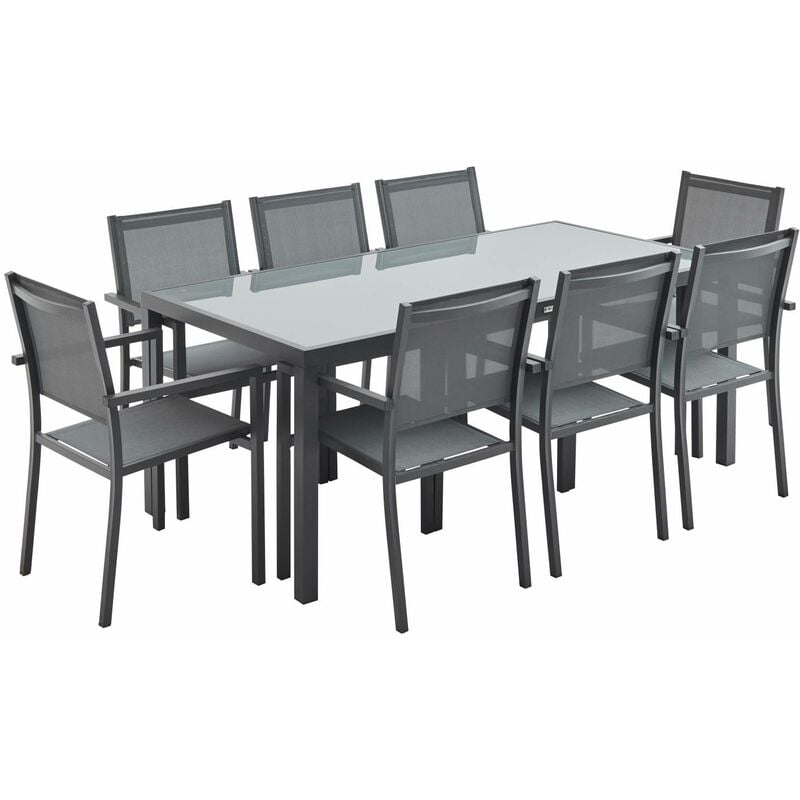 Sweeek - Salon de jardin aluminium table 180cm. 8 fauteuils en textilène Anthracite / Gris - Anthracite