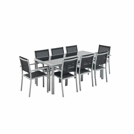 Table de jardin aluminium et textilène, 8 chaises empilables