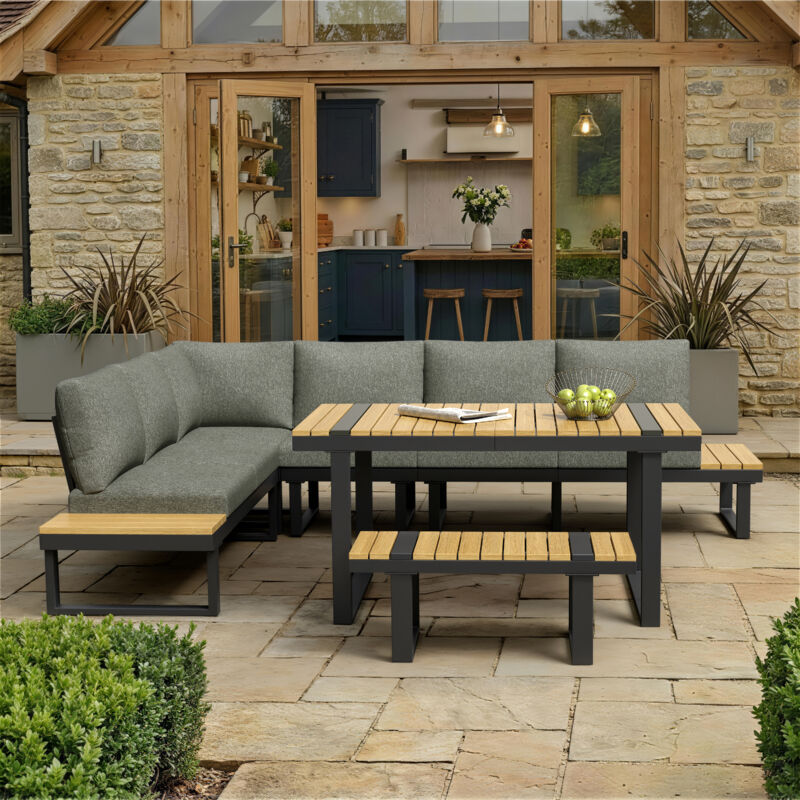 Salon de jardin angle inclinable 5 positions jusqu'à 55°, avec table, banc et canapé, plateau aspect bois, acier zingué - gris
