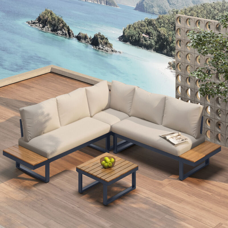 Salon de jardin angle inclinable 5 positions jusqu'à 55°, piètement acier zingué, plateau aspect teck, avec table basse - beige