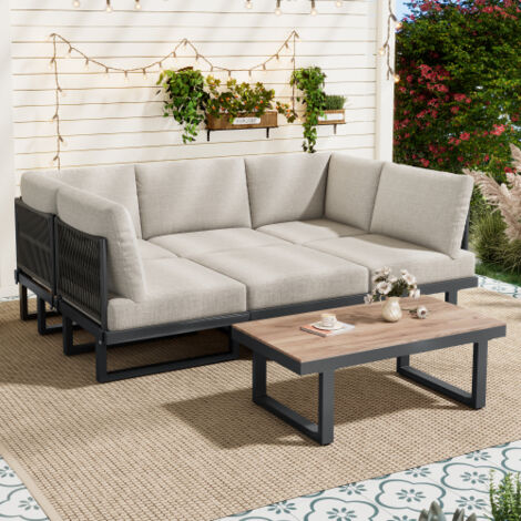 Salon de jardin angle modulaire gris-beige – 2 canapés + 2 fauteuils convertibles lit repos, table basse, acier galvanisé
