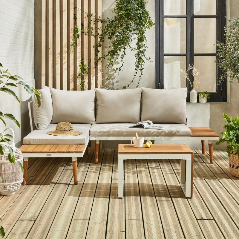 Salon de jardin beige et blanc modulable en aluminium et bois d'acacia.