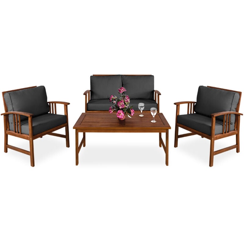Salon de Jardin Atlas • en Bois d'Acacia • Coussins Anthracite Ensemble Table et Chaise de Jardin, mobilier, terrasse - Deuba