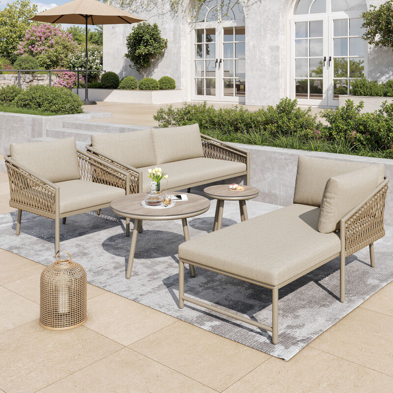 Salon de Jardin avec 1 Canapé 2 Places, 1 Banquette, 1 Fauteuil, 2 Tables, Modulaire, avec Coussins, pour Terrasse, Fer, Kaki
