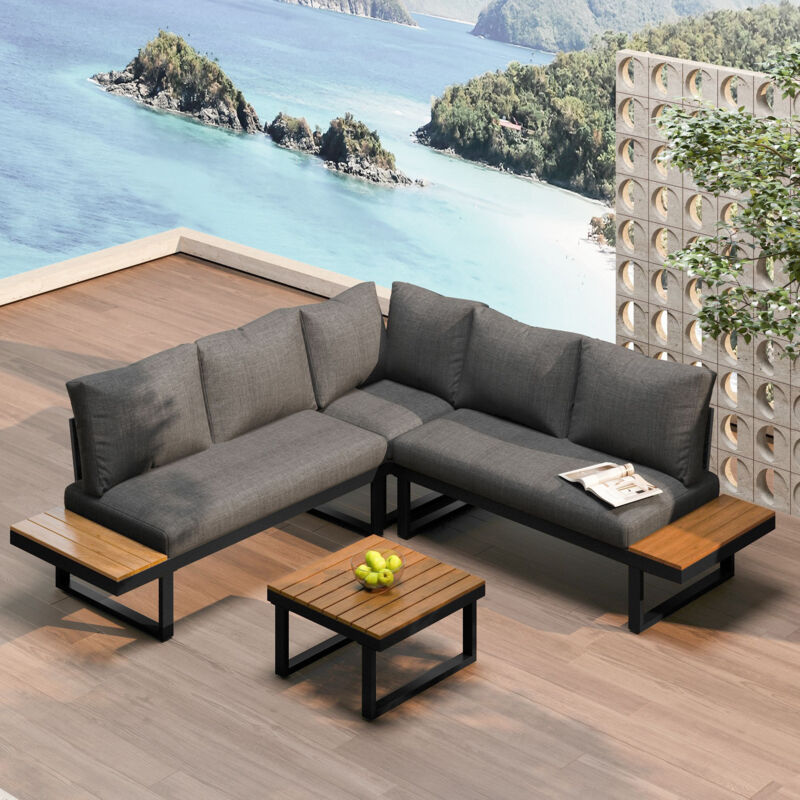 Salon de Jardin avec 1 Canapé d’Angle Relax Inclinable et 1 Table Basse, pour Terrasse, Acier Galvanisé, Polyester, Gris et Noir