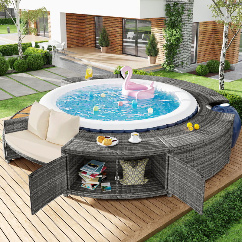Salon de Jardin avec Canapé Rond et Rangements, pour Spa et Piscine, avec Coussins, Rotin PE et Fer, Gris