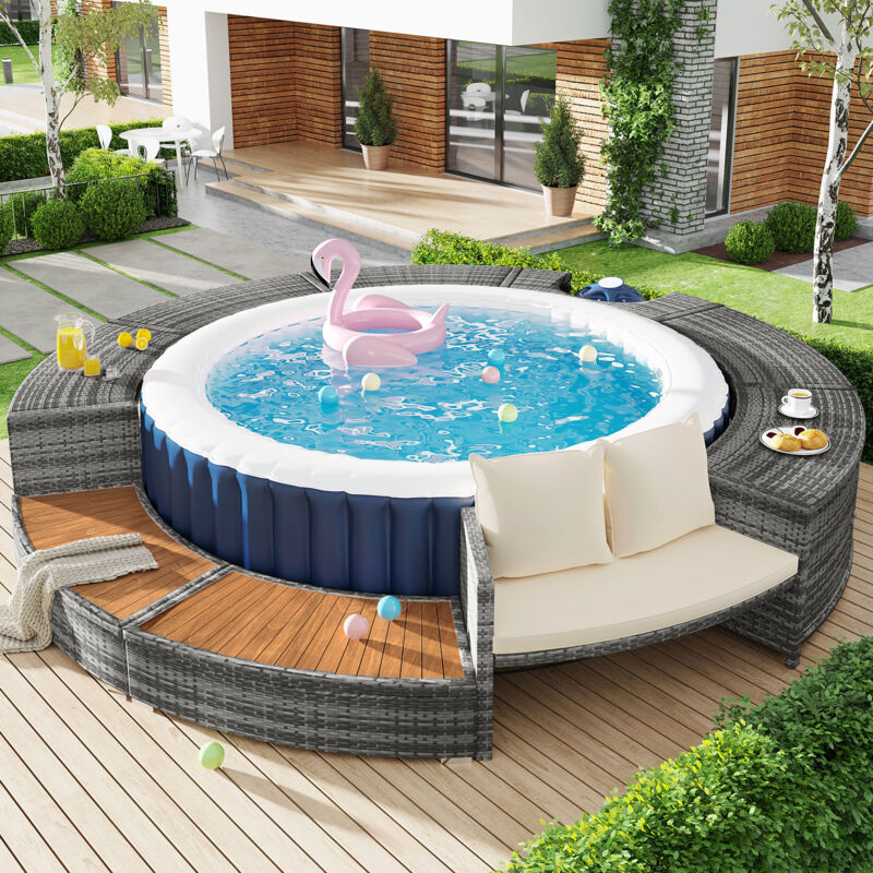 Neche - Salon de jardin avec canapé rond+coussins,Pieds réglables,Ensemble de meubles de jardin pour Piscine,Baignoire,Terrasse