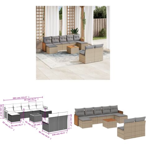 Salon de jardin avec coussins 10 pcs beige résine tressée - Ensemble Salon De Jardin - Mobilier De Jardin - Salon Extérieur - Chaise Longue - Table Basse - Home & Living
