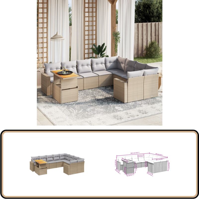 Salon de jardin avec coussins 10 pcs beige résine tressée - Ensemble Salon Jardin - Meuble Extérieur - Résine Tressée - Rotin Synthétique - Mobilier