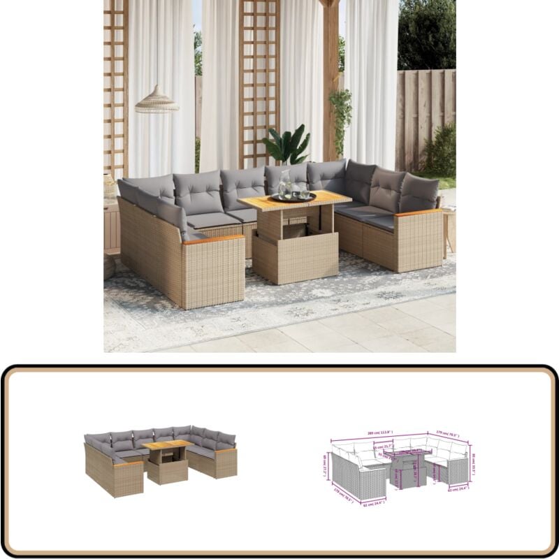 Salon de jardin avec coussins 10 pcs beige résine tressée - Ensemble Salon Jardin - Meuble Extérieur - Résine Tressée - Rotin Synthétique - Table