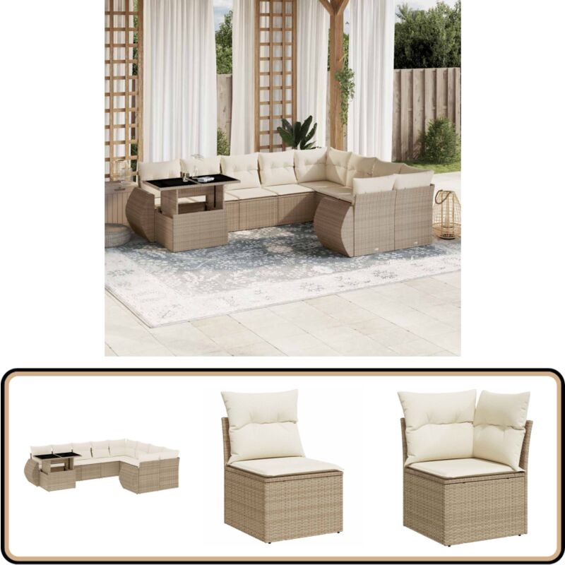 Salon de jardin avec coussins 10 pcs beige résine tressée - Ensemble Salon Jardin - Meuble Extérieur - Résine Tressée - Rotin Synthétique - Table