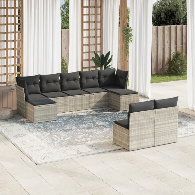 Salon de jardin 9 pcs avec coussins gris clair résine tressée - Vidaxl