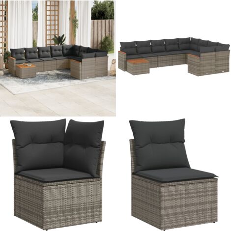 Salon de jardin avec coussins 10 pcs gris résine tressée - Ensemble Salon De Jardin - Mobilier De Jardin - Canapé Extérieur - Set De Salon - Chaise Longue - Home & Living