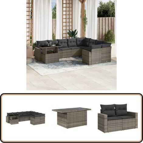 Salon de jardin avec coussins 10 pcs gris résine tressée - Ensemble Salon De Jardin - Mobilier De Jardin - Salon Extérieur - Set Salon - Chaise Longue