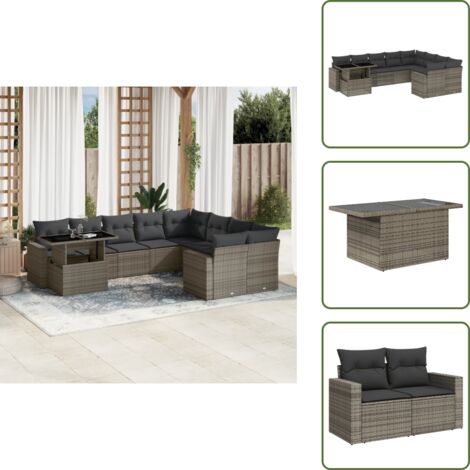 Salon de jardin avec coussins 10 pcs gris résine tressée - Ensemble Salon De Jardin - Mobilier De Jardin - Salon Extérieur - Set Salon - Chaise Longue