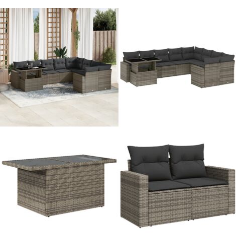 Salon de jardin avec coussins 10 pcs gris résine tressée - Ensemble Salon De Jardin - Mobilier De Jardin - Salon Extérieur - Set Salon - Chaise Longue - Home & Living