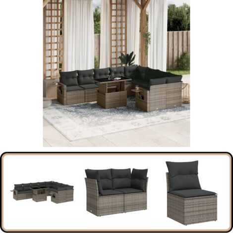 Salon de jardin avec coussins 10 pcs gris résine tressée - Ensemble Salon De Jardin - Mobilier Extérieur - Jardin Design - Chaise Lounge - Table Basse Extensible