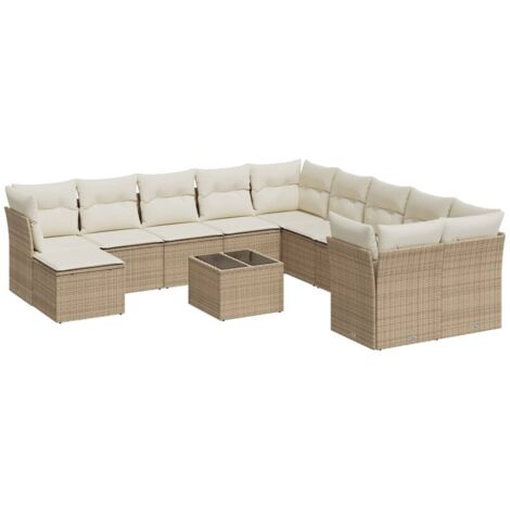 Salon de jardin avec coussins 12 pcs beige résine tressée