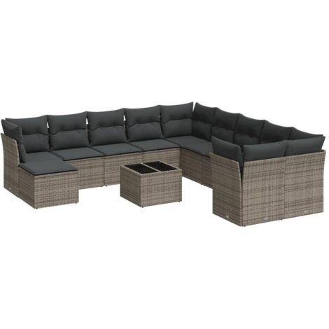 Salon de jardin avec coussins 12 pcs gris résine tressée