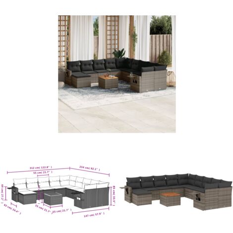 Salon de jardin avec coussins 12 pcs gris résine tressée - Ensemble Salon De Jardin - Meubles De Jardin - Salon Extérieur - Set De Jardin - Chaise Lounge - Home & Living