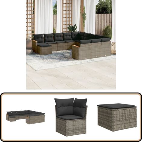 Salon de jardin avec coussins 12 pcs gris résine tressée - Ensemble Salon De Jardin - Mobilier De Jardin - Salon Extérieur - Canapé Jardin - Chaise Lounge