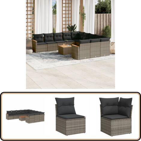 Salon de jardin avec coussins 12 pcs gris résine tressée - Ensemble Salon De Jardin - Mobilier Extérieur - Canapé Jardin - Table Basse Jardin - Chaise Lounge