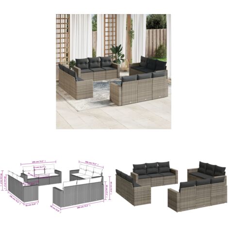 Salon de jardin avec coussins 12 pcs gris résine tressée - Salon De Jardin - Canapé Extérieur - Meuble De Jardin - Set Salon De Jardin - Résine Tressée - Home & Living