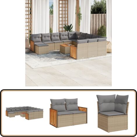 Salon de jardin avec coussins 13 pcs beige résine tressée - Ensemble Salon De Jardin - Meuble Extérieur - Mobilier De Jardin - Chaise Longue - Set Salon