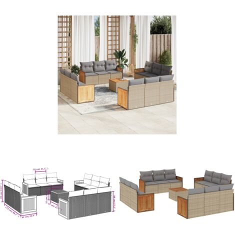 Salon de jardin avec coussins 13 pcs beige résine tressée - Ensemble Salon De Jardin - Mobilier De Jardin - Salon Extérieur - Chaise Longue - Set De Jardin - Home & Living