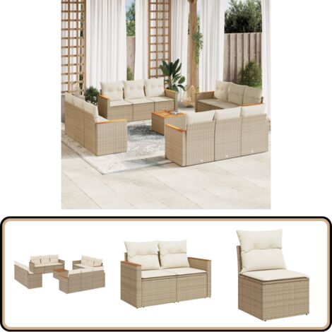Salon de jardin avec coussins 13 pcs beige résine tressée - Ensemble Salon De Jardin - Mobilier Extérieur - Canapé Jardin - Table Basse Jardin - Chaise Lounge