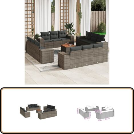 Salon de jardin avec coussins 13 pcs gris résine tressée - Ensemble Salon De Jardin - Meuble Extérieur - Résine Tressée - Rotin Synthétique - Fauteuil Jardin