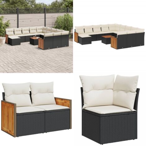 Salon de jardin avec coussins 13 pcs noir résine tressée - Ensemble Salon De Jardin - Meuble Extérieur - Mobilier De Jardin - Chaise Longue - Set Salon - Home & Living