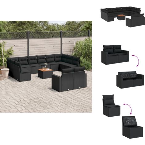 Salon de jardin avec coussins 13 pcs noir résine tressée - Ensemble Salon De Jardin - Mobilier De Jardin - Canapé Extérieur - Set De Jardin - Chaise Lounge