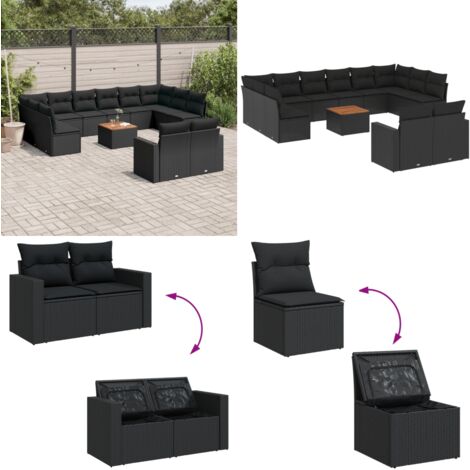Salon de jardin avec coussins 13 pcs noir résine tressée - Ensemble Salon De Jardin - Mobilier De Jardin - Canapé Extérieur - Set De Jardin - Chaise Lounge - Home & Living