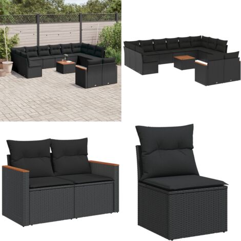 Salon de jardin avec coussins 13 pcs noir résine tressée - Ensemble Salon De Jardin - Mobilier De Jardin - Canapé Extérieur - Table De Jardin - Chaise Lounge - Home & Living