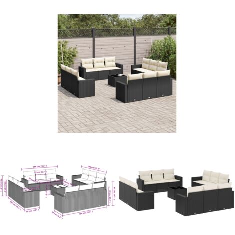 Salon de jardin avec coussins 13 pcs noir résine tressée - Salon De Jardin - Canapé D'extérieur - Mobilier De Jardin - Set Salon De Jardin - Résine Tressée - Home & Living
