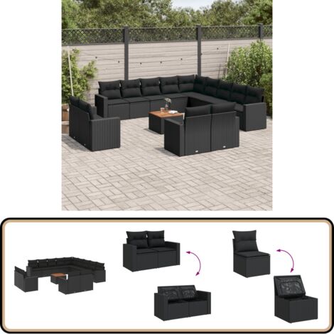 Salon de jardin avec coussins 14 pcs noir résine tressée - Ensemble Salon De Jardin - Mobilier De Jardin - Salon Extérieur - Set De Jardin - Chaise Lounge