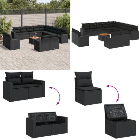 Salon de jardin avec coussins 14 pcs noir résine tressée - Ensemble Salon De Jardin - Mobilier De Jardin - Salon Extérieur - Set De Jardin - Chaise Lounge - Home & Living