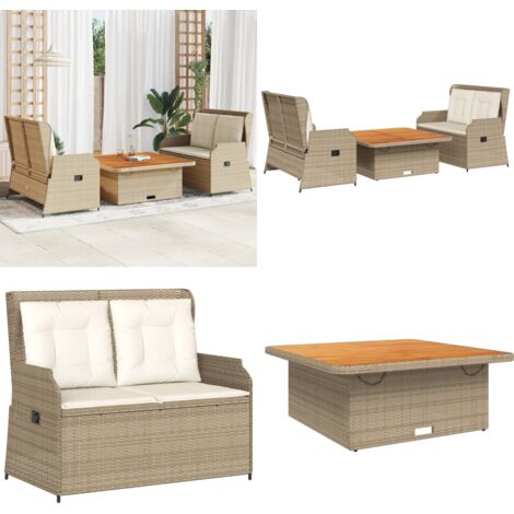 Salon de jardin avec coussins 3 pcs beige résine tressée - Banc de jardin - Table de jardin