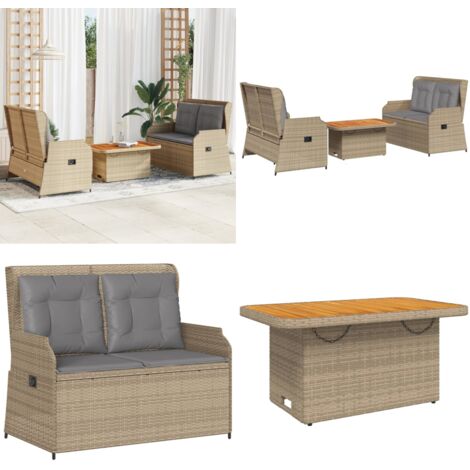 Salon de jardin avec coussins 3 pcs beige résine tressée - Banc de jardin - Table de jardin