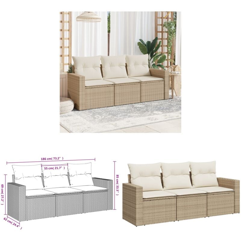 Salon de jardin avec coussins 3 pcs beige résine tressée - Canapé Jardin - Meuble Extérieur - Salon De Jardin - Set De Jardin - Résine Tressée - Home